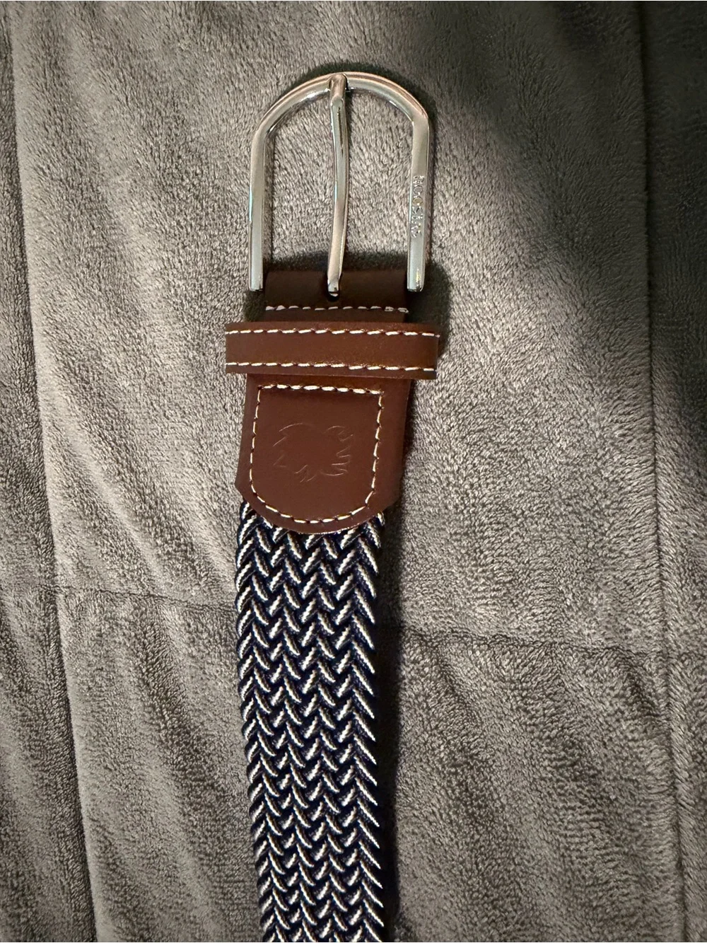 Roostas Men's Woven Blue Stretch Belt with Brown Leather Trim